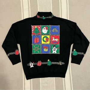 Vintage Christmas Sweater Crewneck Large - XL Colorblock tacky Sweater Party
